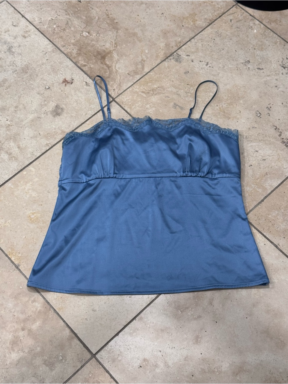 New York & company Blue Satin Lace-Trim Cami Tank Top